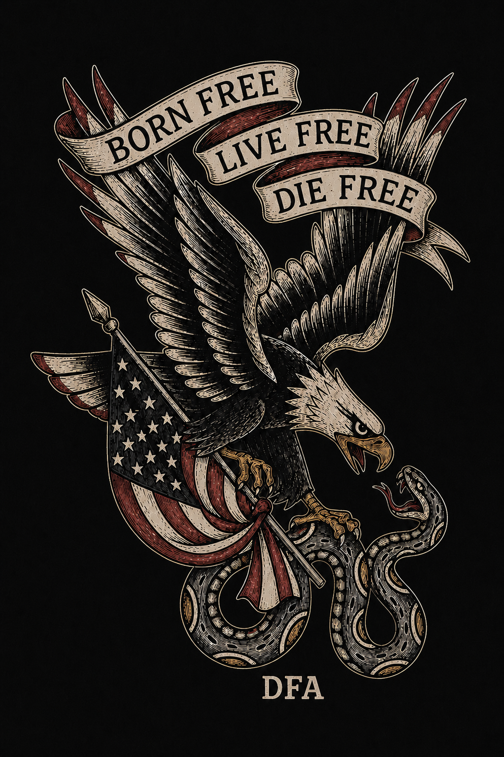 Born Free Live Free Die Free Eagle Graphic Black Tee | Damn Fine American